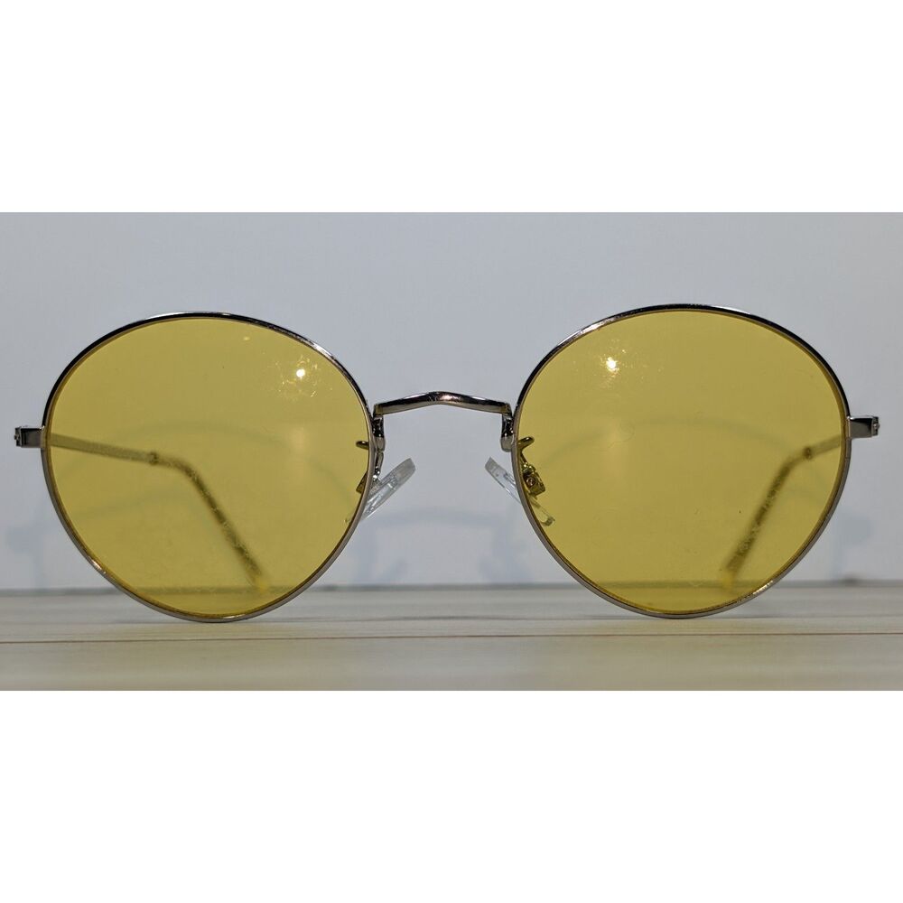H&M Round Yellow Tinted Lennon Style Sunglasses Silver Metal Frame Unisex